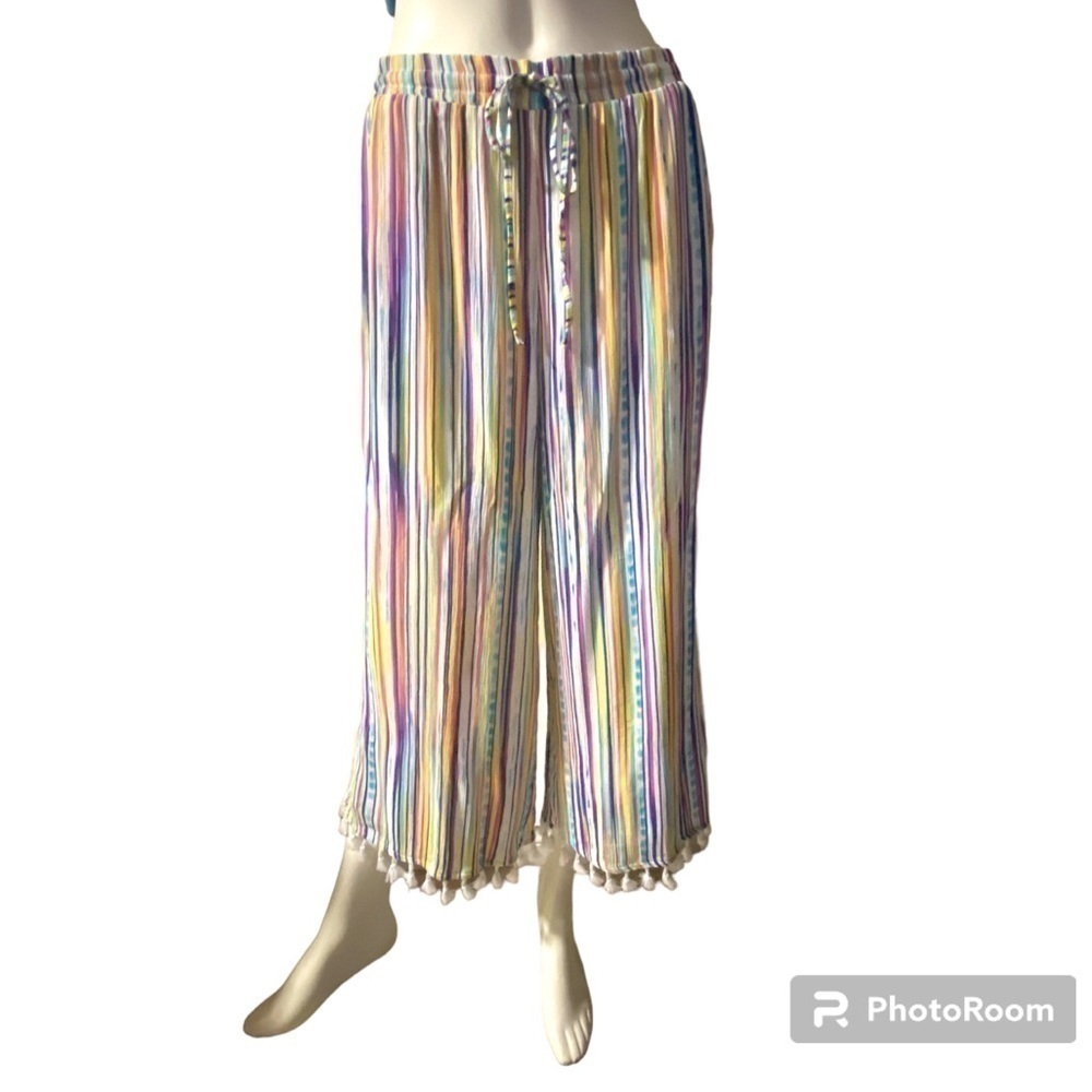 Hailey Lyn Rainbow Stripe Wide Leg Tassel Pants Multicolor Drawstring Sz Large